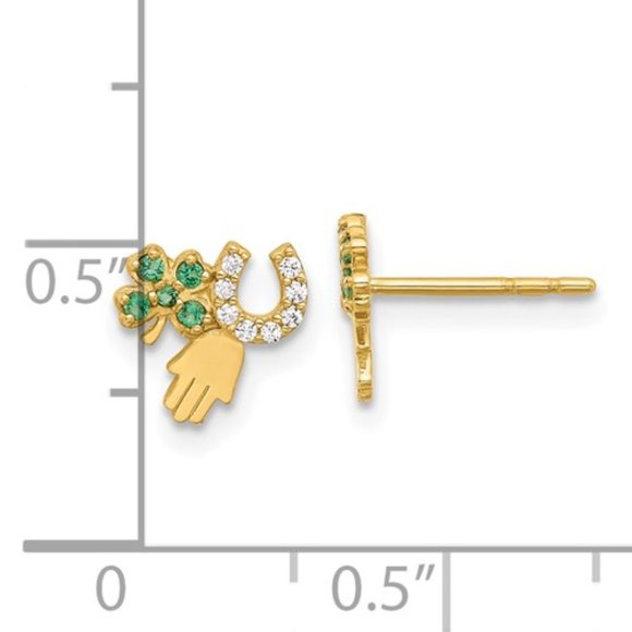 14K Yellow Gold Green and Clear CZ Clover Horseshoe and Hamsa Post Earrings - Picture 2 of 5